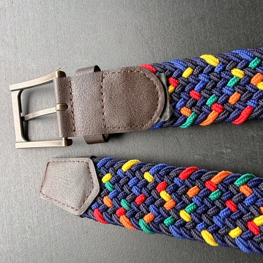 Barbour Mens Woven Stretch Belt Multicolor Navy Blue Red Yellow Green Braided